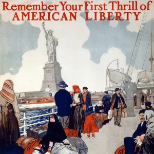 Torch Prints: Statue of Liberty. Poster showing immigrants on a ship's deck