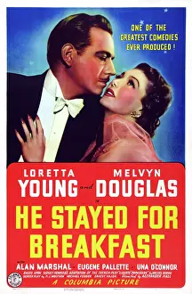 Melvyn Prints: HE STAYED FOR BREAKFAST, US poster art, from left: Melvyn Douglas, Loretta Young, 1940