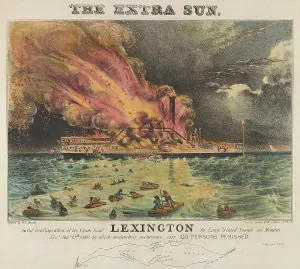 Ships Prints: Steam Boat Lexington burning in Long Island Sound on January 13th