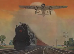 Speed Prints: Steam powered locomotive and Ford Tri-Motor airplane speeding through in rural landscape