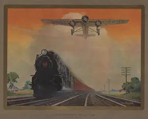 Speed Prints: Steam powered locomotive and Ford Tri-Motor airplane speeding through in rural landscape