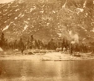 Tools Prints: Steam-powered sawmill on the shore of Lake Bennett in the Yukon Territory