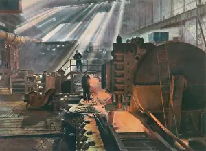 Russia Prints: A steel slab being cut at a Soviet Russian steel mill in Staninsk