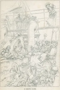Steamers Prints: Steerage passengers relaxing on the open desk of an immigrant ship in smooth water