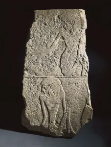 Stela depicting starving prisoners from Unas. 2375 - 2345 BC. Old Kingdom. 5th Dynasty. Egyptian art. Old Kingdom. Relief on rock. FRANCE. Paris. Louvre Museum. Proc: EGYPT