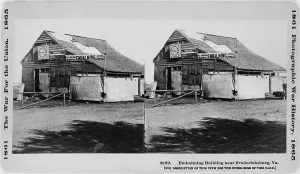 Stereo Photo Prints: Stereo photograph of an embalming building near Fredericksburg, Virginia, 1865
