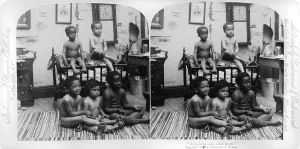 Stereotype Prints: Stereocard with African American children and racist text: All coons look alike to me