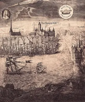 Harbors Prints: Stockholm in 17th c. with a portrait of Queen Christina of Sweden