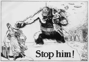 Militarism Prints: STOP HIM! Fierce gorilla wearing a German spiked helmet