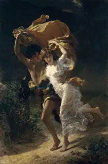 THE STORM, by Pierre-Auguste Cot, 1880, French painting, oil on canvas. A young couple in classical costume run for shelter in a rainstorm, using the womans overskirt as a cover