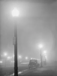 Street Scenes Prints: Street lights glow on a foggy night in New Bedford, Massachusetts, Jan. 1941