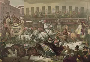 Playing Prints: Street scene with many sleighs in front of BARNUM'S MUSEUM
