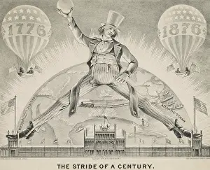 Amusements Prints: THE STRIDE OF A CENTURY, a cartoon celebrates the centennial of the United States, in 1876