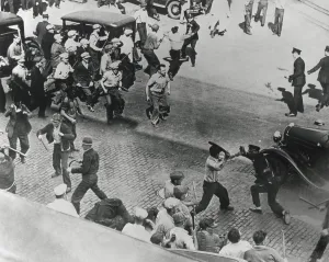 Lcgr1305 Prints: Striking teamsters battle police in Minneapolis. June 1934