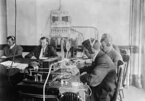 Telegraphy Prints: Students practicing telegraphy at the Marconi wireless school in New York City. Ca. 1912