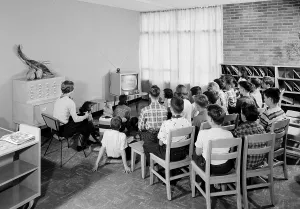 Television Set Prints: Students and their teacher watch educational television in a school library in Schenectady