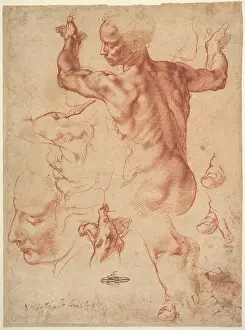 16th Century Prints: STUDIES FOR THE LIBYAN SIBYL, by Michelangelo, 1510-11, Italian Renaissance chalk drawing