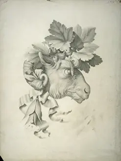 Watercolour Prints: Study for the Print of a Ram Head Adorned with Vine Leaves