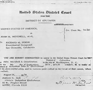 Resignation Prints: Subpoena for President Nixon to appear as a witness in court to testify on behalf of defendant John D