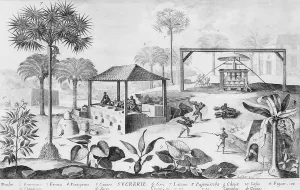 Dwellings Prints: Sugar production in the West Indies in the 17th century used an evaporating furnace (left)