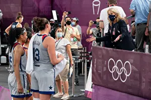 Jill Prints: Summer Olympics in Tokyo, First Lady Jill Biden talks with the Gold Medal winning US 3X3 Women's Basketball team