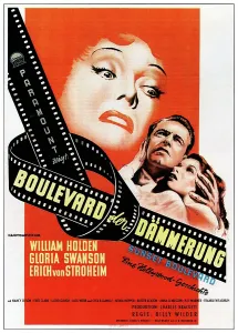 SUNSET BOULEVARD, (aka BOULEVARD DER DAMMERUNG), from left: Gloria Swanson, William Holden, Nancy Olson on German poster art, 1950