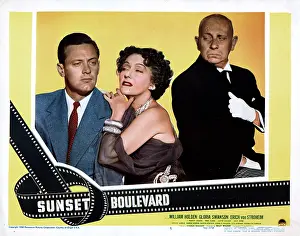 Older Woman Younger Man Prints: SUNSET BOULEVARD, from left, William Holden, Gloria Swanson, Erich von Stroheim, 1950