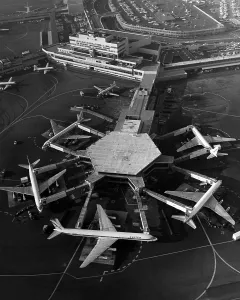 Airline Prints: A Super DC-8 airplane (bottom) sits at the United Airlines terminal at the San Francisco International Airport