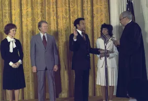 Ambassadors Prints: Supreme Court Justice Thurgood Marshall swears in former Georgia Representative Andrew Young as the first African