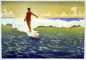 Woodcut Prints: Surf rider, Honolulu, 1921. Woodcut by Charles William Bartlett