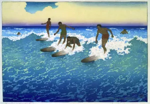 Surfboard Prints: Surf riders, Honolulu, 1921. Woodcut by Charles William Bartlett