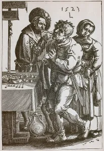 Patients Prints: The Surgeon Dentist, pulls a man's tooth while a women picks the patient's pocket