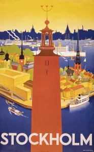 Graphic Design Prints: Swedish travel poster shows Stockholm's city hall and a bird's eye view of the harbor with ocean liners