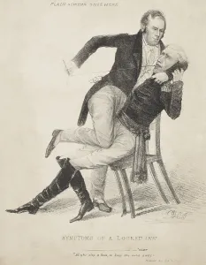 Sewing Prints: The Symptoms of a Locked Jaw, shows Senator Henry Clay sewing President Andrew Jacksons mouth shut