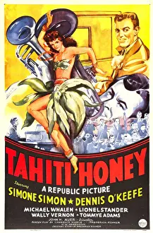 Playing Piano Prints: TAHITI HONEY, US poster, from left: Simone Simon, Michael Whalen, Dennis O'Keefe, 1943