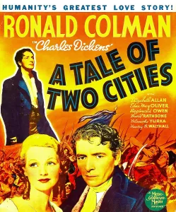 A TALE OF TWO CITIES, background: Ronald Colman, foreground from left: Elizabeth Allen, Ronald Colman on window card, 1935