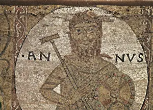 Tapestry of Creation. 1st half 12th c. Central upper detail. Allegorical depiction of the Year. Romanesque art. Tapestry. SPAIN. Gerona. Cathedral's Treasure-Capitular Museum