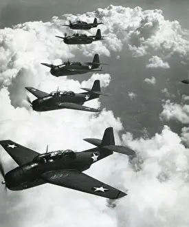 Lcgr1404 Prints: TBF (Torpedo Fighter Bombers) Avengers flying in formation over Norfolk