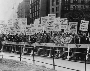 Teamsters Prints: Teamster Union members holding picket signs supporting higher pay and pensions in New York City