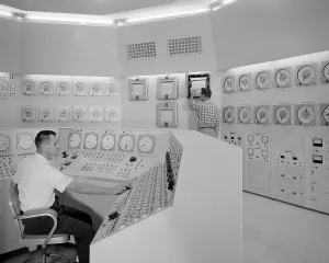 Control Room Prints: Technicians in a nuclear reactor control room at NASA's Plum Brook Station in Sandusky