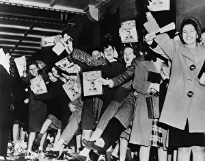 Excited Prints: Teenage girls waiting for singer Frank Sinatra to arrive at the Paramount Theatre