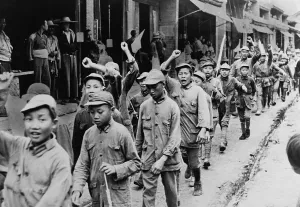 Hands Raised Prints: Teenagers returning from pep meeting for China's communist army, Nov. 1, 1937