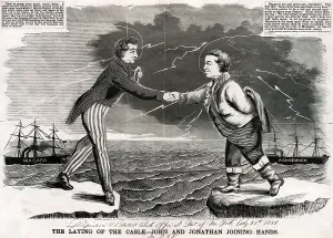 Images Dated 20th June 2008: Telegraph. Woodcut of the first transatlantic telegraphic message between the United States and Great Britain