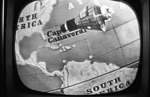 Broadcast Prints: Television screen animation of John Glenn's Friendship 7 space capsule approaching North America
