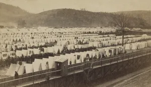 Troops Prints: Tents and barracks within a stockade at Elmira Prison
