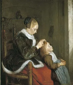 Mother Prints: TERBORCH, Gerard (1617-1681). A mother combing the hair of her child