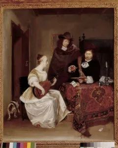Dutchman Prints: TERBORCH, Gerard (1617-1681). Woman Playing a Theorbo to Two Men