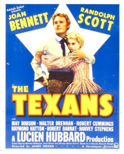 Plaid Dress Prints: THE TEXANS, from left: Randolph Scott, Joan Bennett on window card, 1938