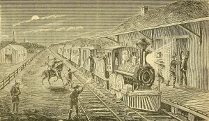 Bandits Prints: The Texas Express train being robbed by seven mounted robbers at Gadhill signal Station in January 1874