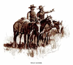 Frederic Prints: Texas Rangers, lithograph of a wash drawing by Frederic Remington, 1896